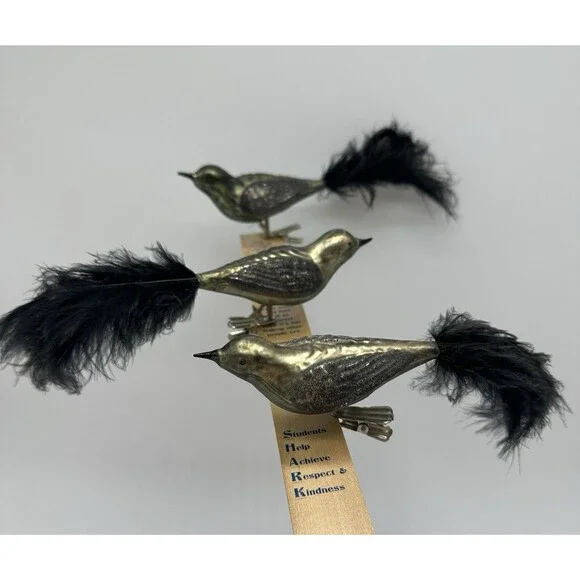 3 Blown Glass Bird Clip On Ornaments Feather Tails Gold & Black Glitter Vintage - Picture 2 of 16